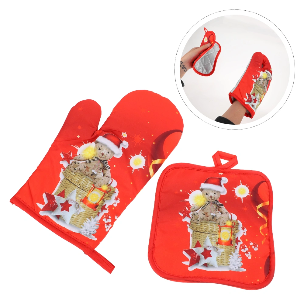 4pcs Xmas Oven Gloves Table Mats Heat Insulation Gloves Placemats for Kitchen (Red)