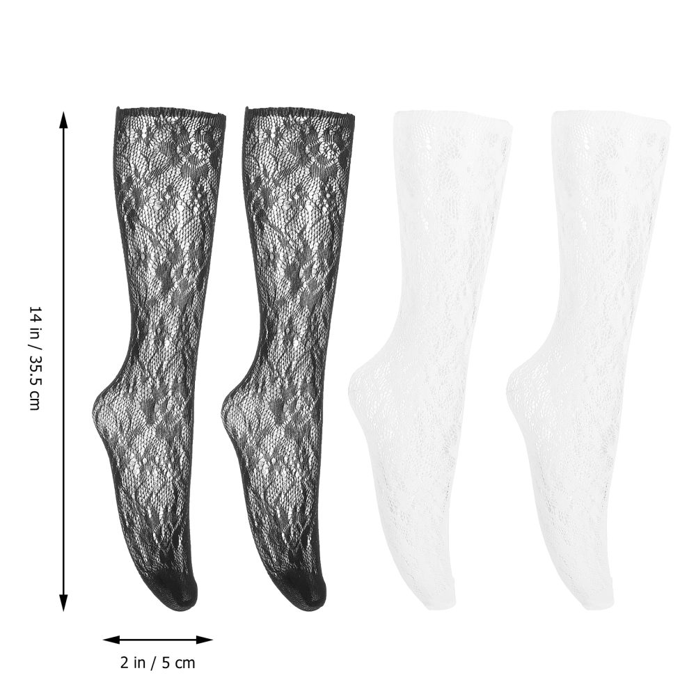 2 Pairs Knee High Socks Lace Patterned Stockings Lolita Style Socks for Girls