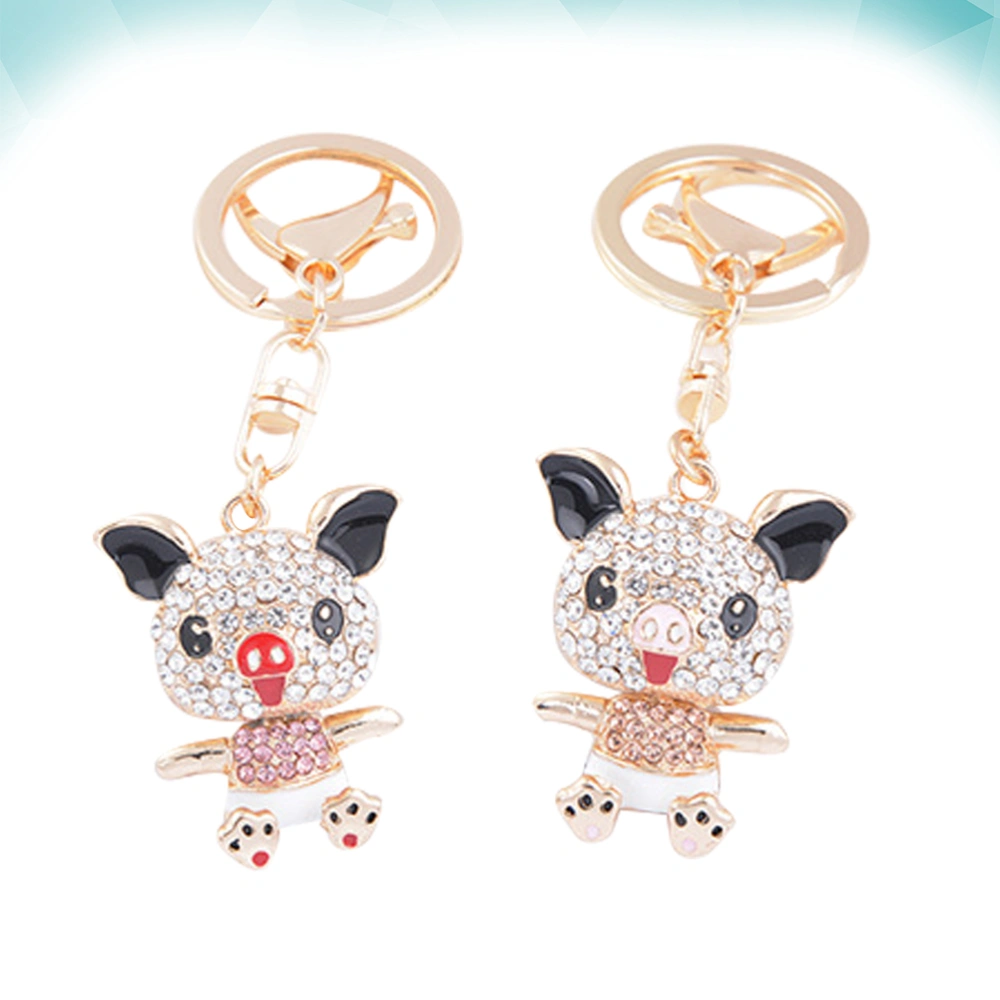 2pcs Creative Rhinestone Key Ring Pig Shaped Charm Keychain Bag Pendant Jewelry Accessories Car Decoration (Pink + Peach Color)