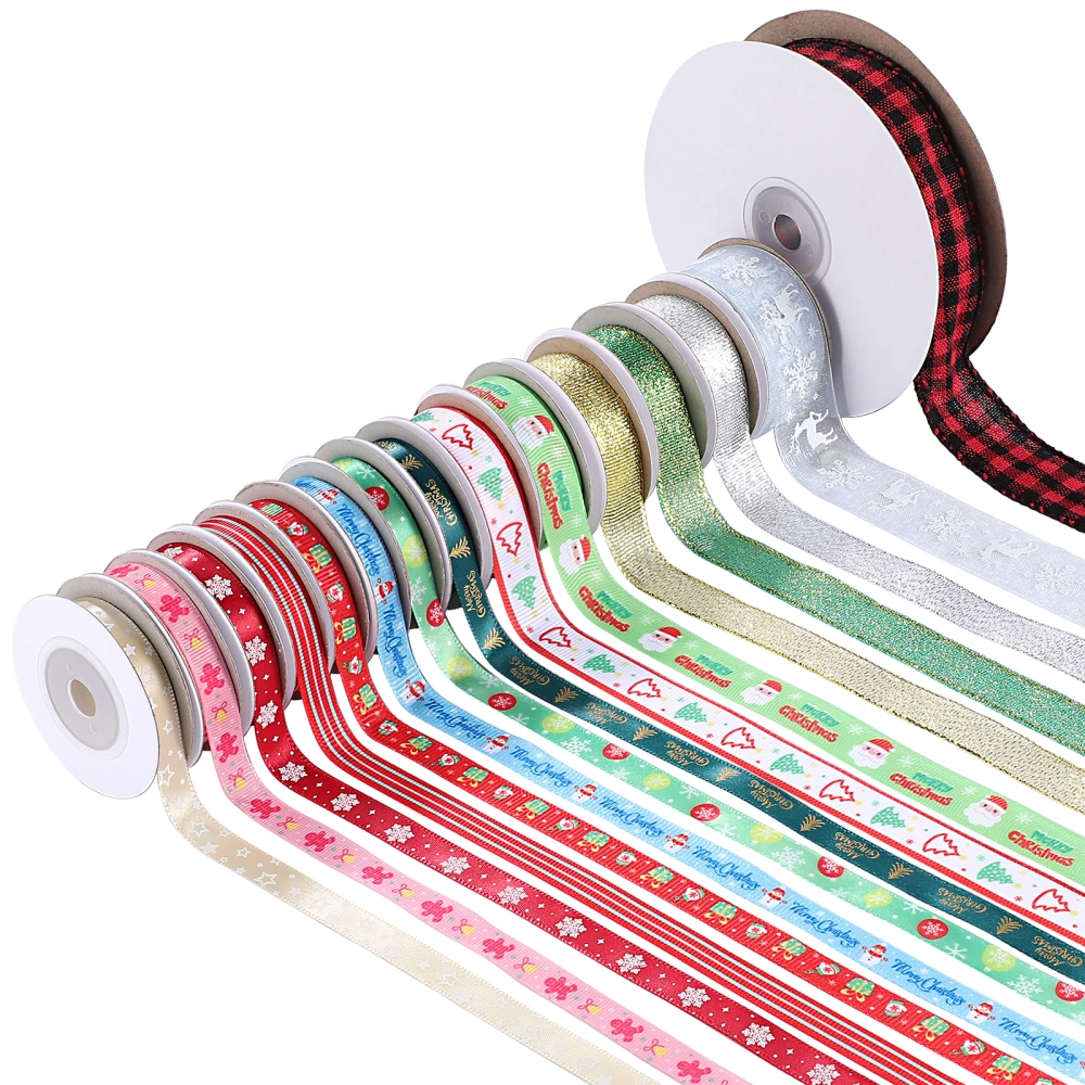 Cabilock 15 Rolls Christmas Present Wrapping Ribbons Decorative DIY Ribbons Polyester Christmas Gift Packing Ribbons