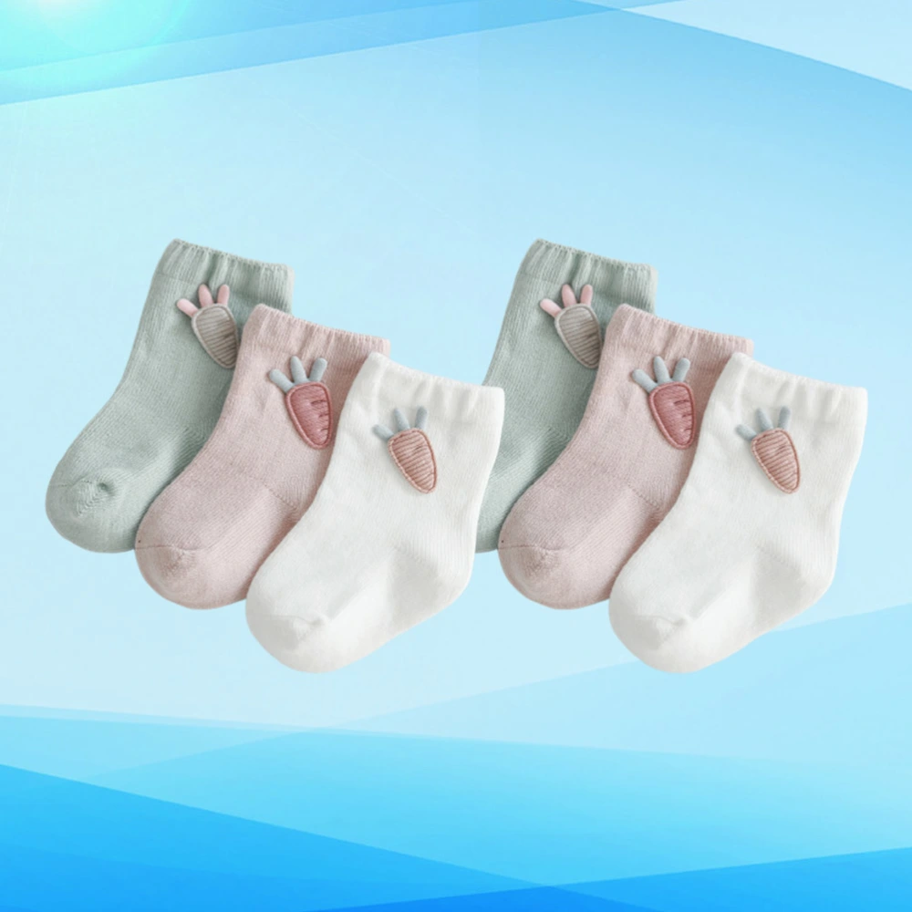 3 Pair of Adorable Kids Socks Cartoon Spring Autumn Socks Cotton Baby Stockings Breathable Footwear (Radish, Size S, 6-12 Months)