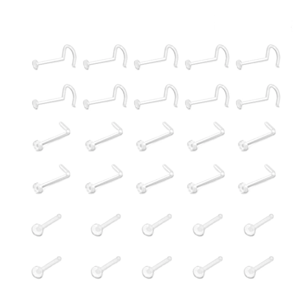 60pcs Medical Invisible Nose Nail Nose Ring Clear Transparent Nose Ring Stud (S Shape, Bent Shape and Straight Shape for Each 20pcs)