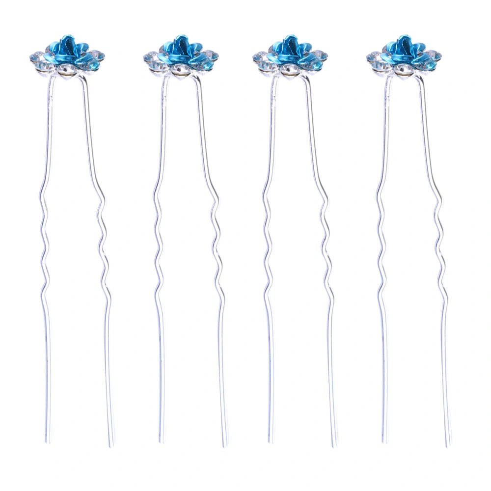 20Pcs Rhinestone Hairpins Rose Bride Bridesmaid Hair Accessories U-shaped Updo Hair Chopsticks for Wedding (Blue)