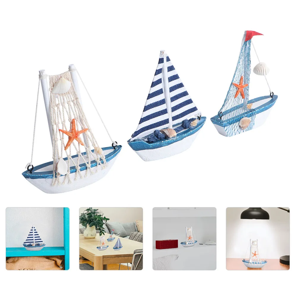 3Pcs Wooden Ship Model Sailboat Model Sailing Ship Boat Home Desk Decoration