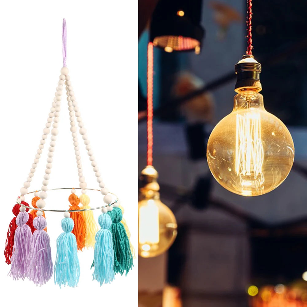 Wooden Beads Chandelier Wooden Lamp Shade Hanging Decoration with Tassels