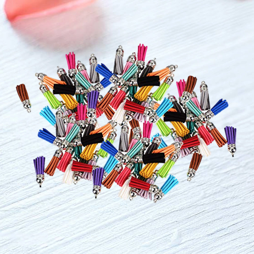 100pcs 4cm Handmade Crafts Vintage Mini Decorations Leather Tassel Pendants Faux Suede Tassel with Caps for Key Chain Straps Accessories (Random Color)