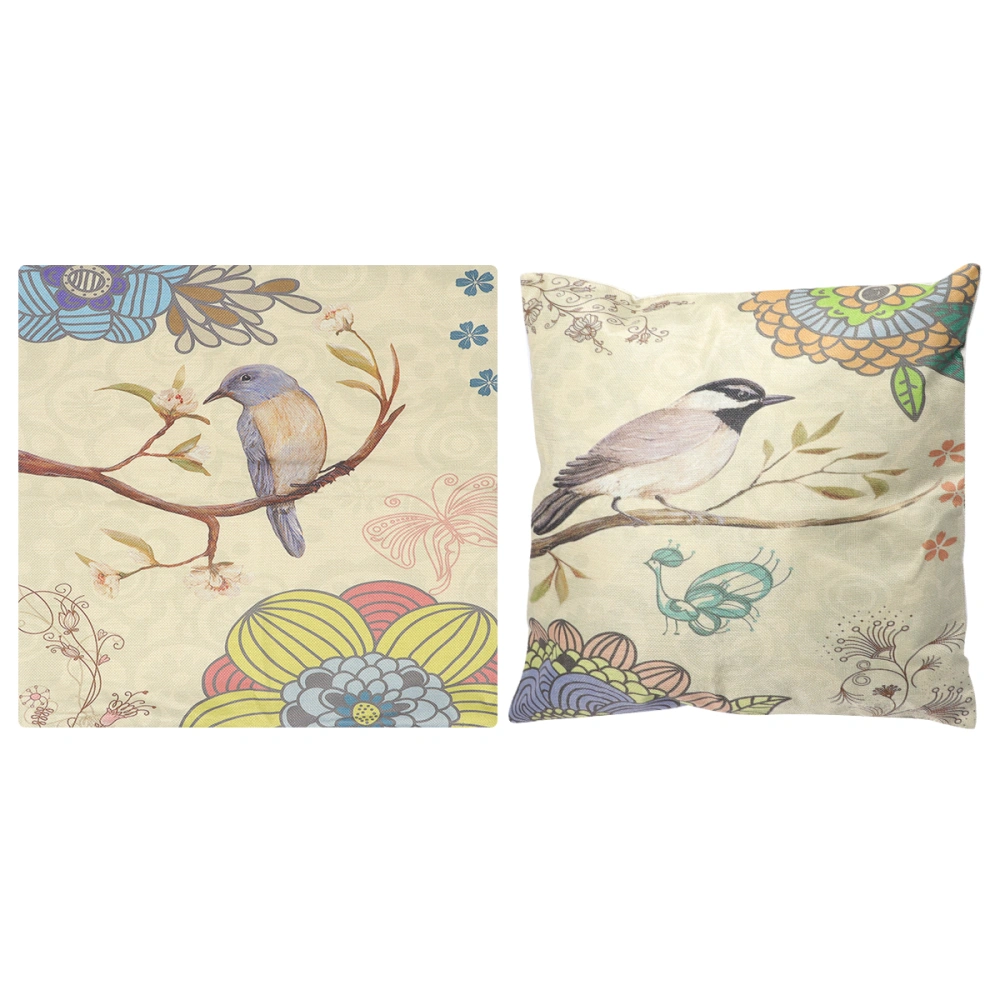 2 Pcs Linen Pillow Case Floral Bird Pattern Pillowcase Pillow Protective Cover