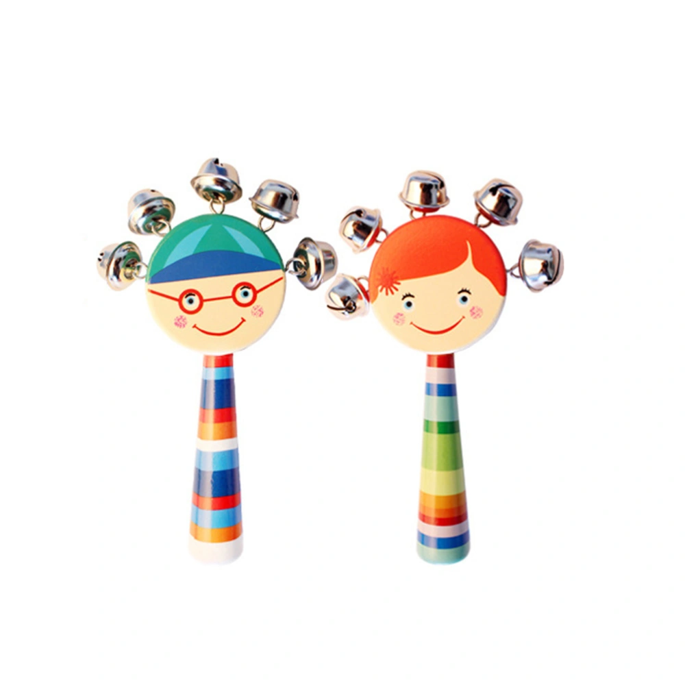 2 Pcs Baby Kids Carton Wooden Smiling Face Handbells Ratteles Early Educational Musical Instrument Sleigh Bells Jingle Bells Toy (Random Color)