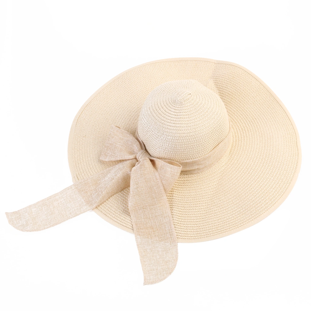 Women's Wide Larege Brim Caps Summer Floppy Beach Straw Hats Bowknot Caps （Beige）