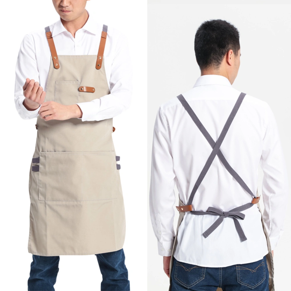 Fashion Men Lady Apron Home Kitchen Chef Apron Restaurant Cooking Baking Dress Simple Apron with Pockets(Beige)