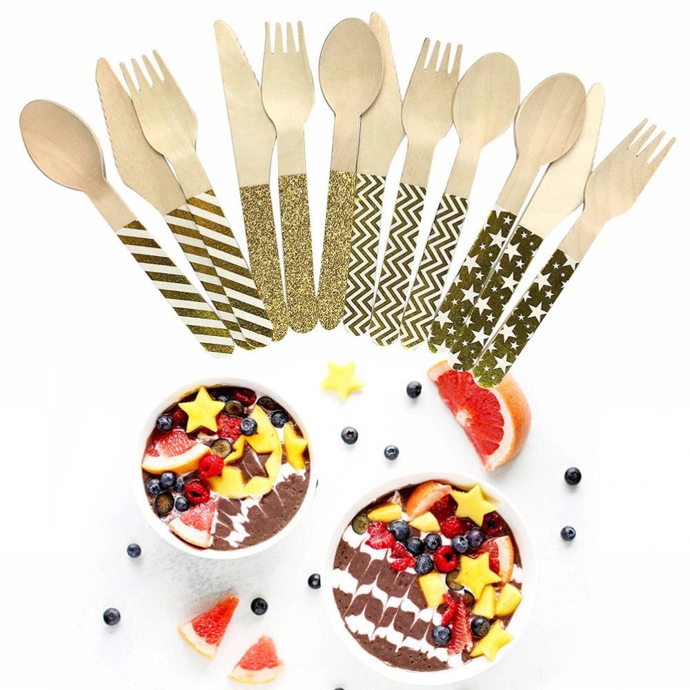 8 Pcs Wooden Forks Disposable Eco-friendly Hot Stamping Golden Handle Tableware Food Fruit Serving Forks Wedding Birthday Party Wooden Flatware