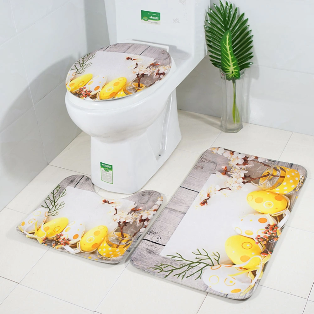 3 in 1 Yellow Egg Pattern Bathroom Mat Set Antiskid Washroom Carpet Mat Toilet Seat Lid Cover