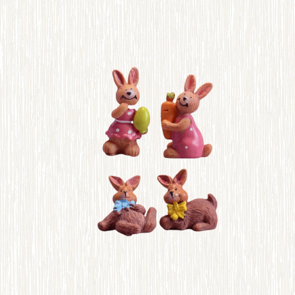 4 Pcs Desktop Ornament Resin Cartoon Rabbit with Carrot Egg Decorative Ornaments Mini Sculpture Craft for Home Office Decor