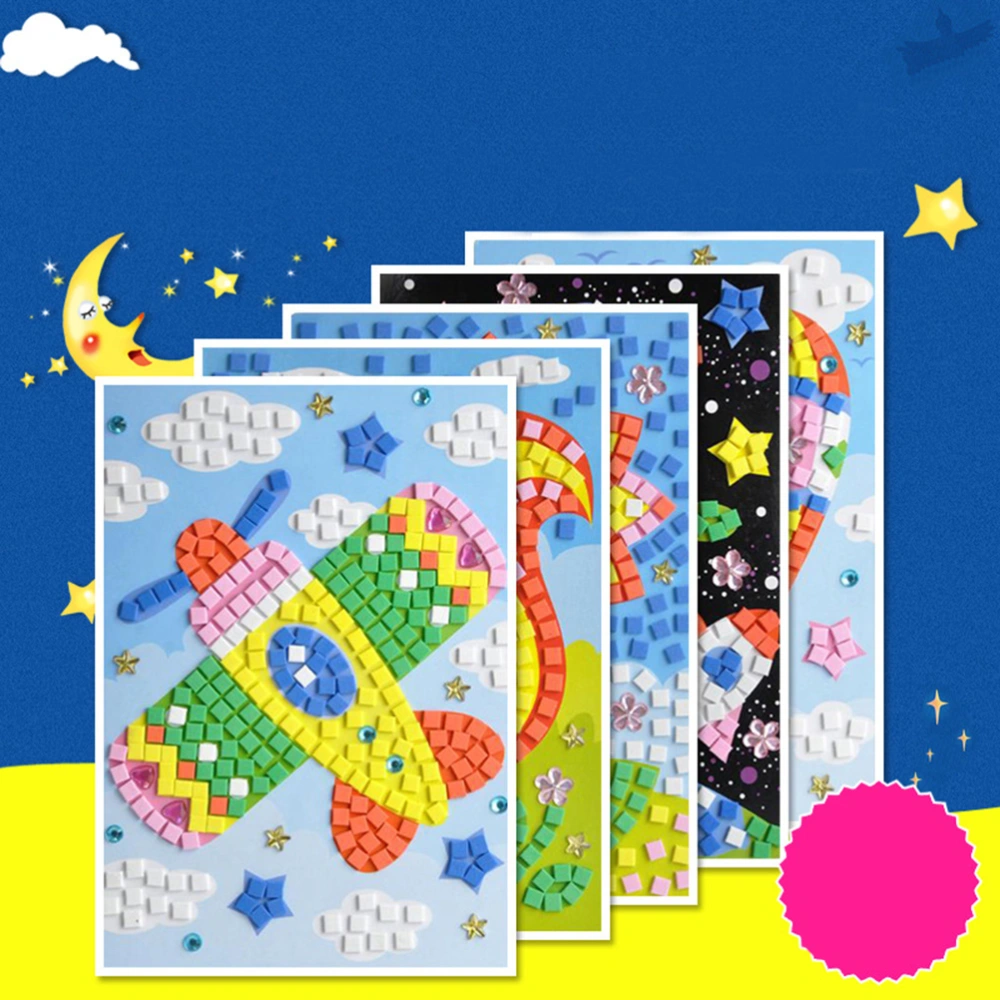 6pcs EVA MOSAIC Point Sticker 3D DIY Manual Pinup Picture Mosaic Stickers Crafting Supplies for Kids Kindergarten (Flower, Cars, Planes, Sailboats Big Bills, Hot Air Balloons Each 1 PCS)