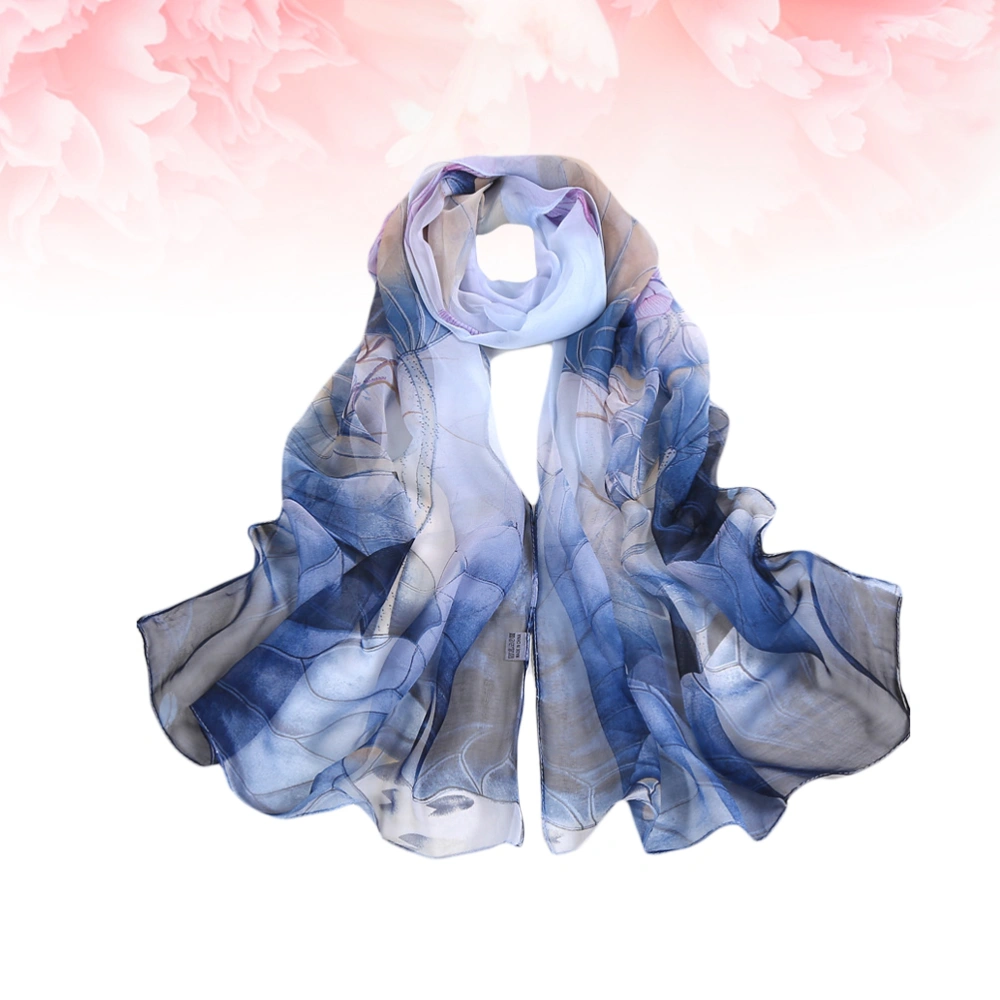 Women Scarf Casual Long Style Summer Lotus Sunscreen Scarf Beach Towel Shawl 160X50CM (Blue)