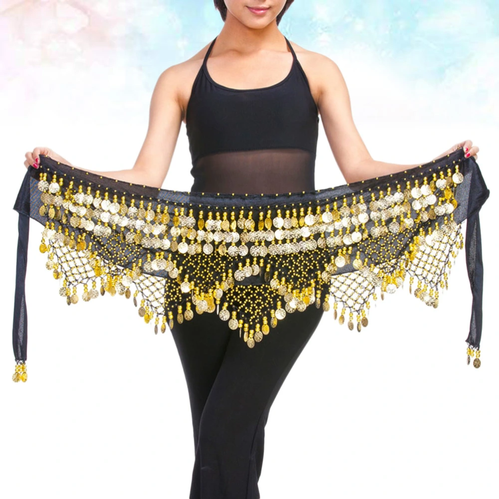 Women's Skirt Bellydance Hip Scarf With Coins Skirts Wrap Noisy(Black Gold, Free Size)