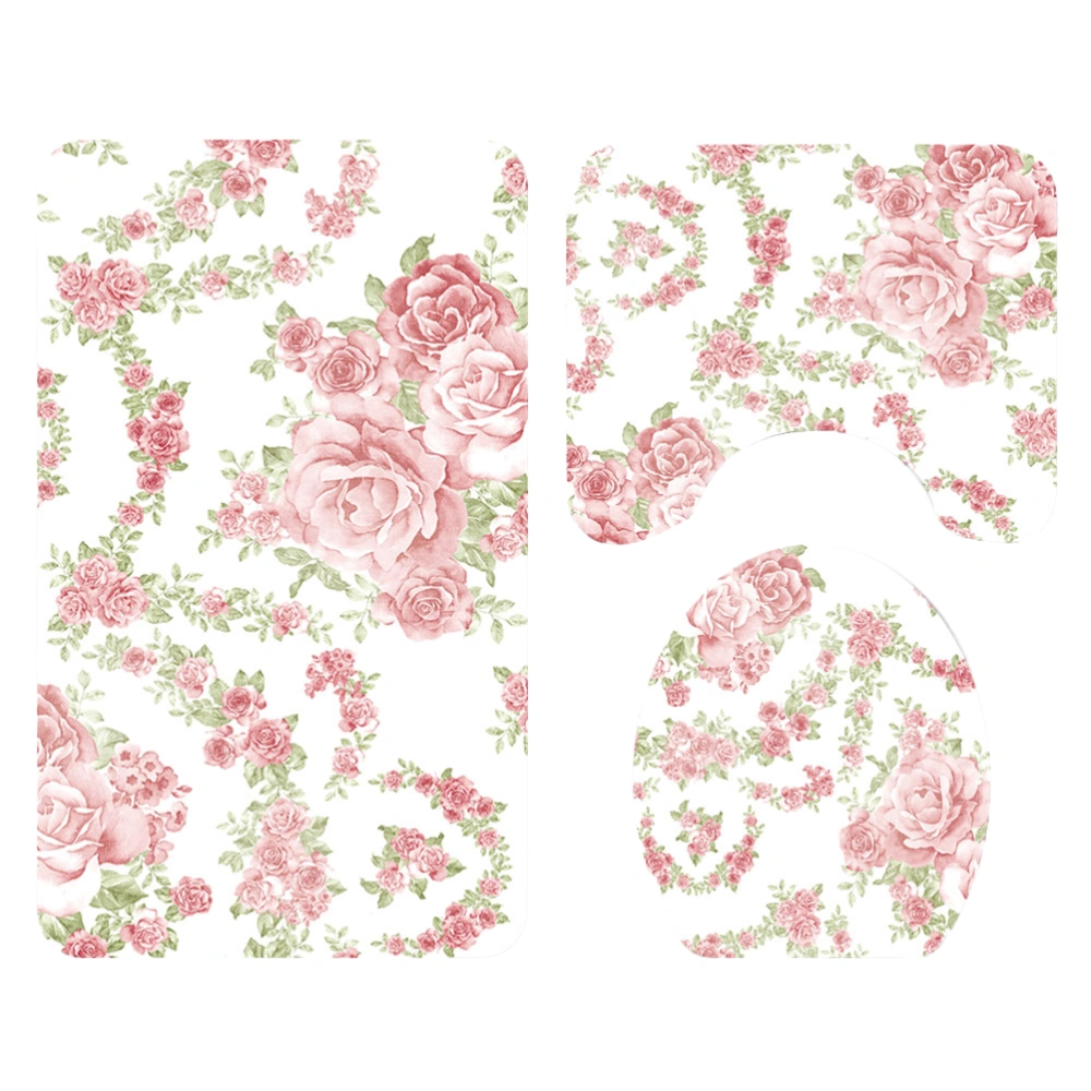 3pcs Roses Printed Bathroom Pads Set Non-slip Washroom Carpets Mat Toilet Seat Lid Cover for Home Hotel