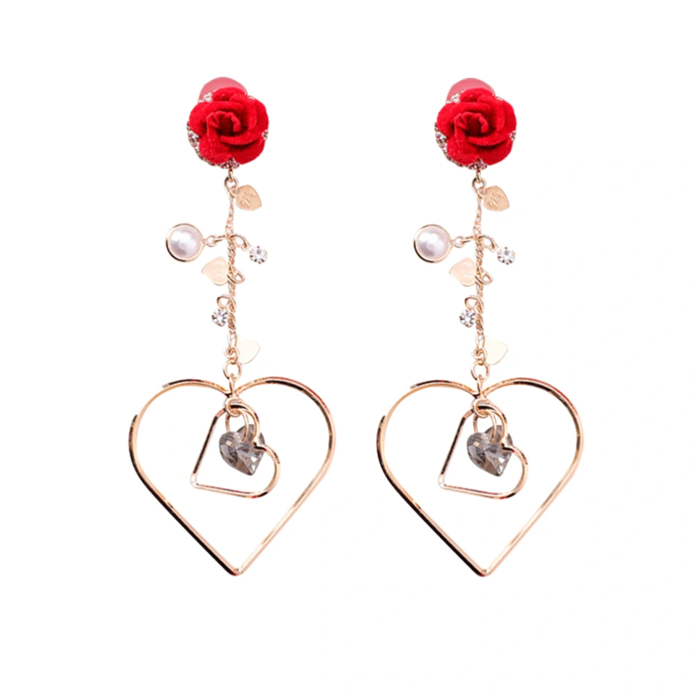 Fashion Rose Love Heart Long Drap Earrings wiith Imitation Pearl Tassel Crystal