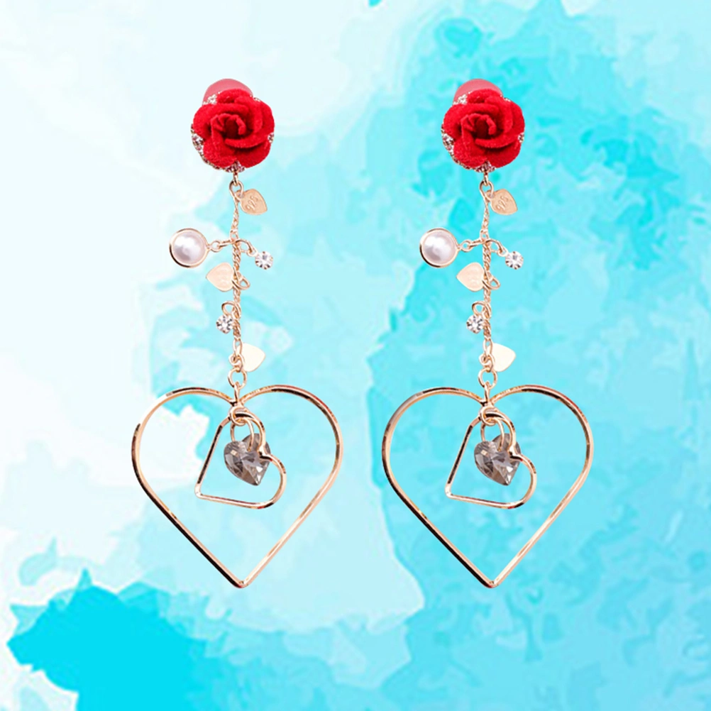 Fashion Rose Love Heart Long Drap Earrings wiith Imitation Pearl Tassel Crystal