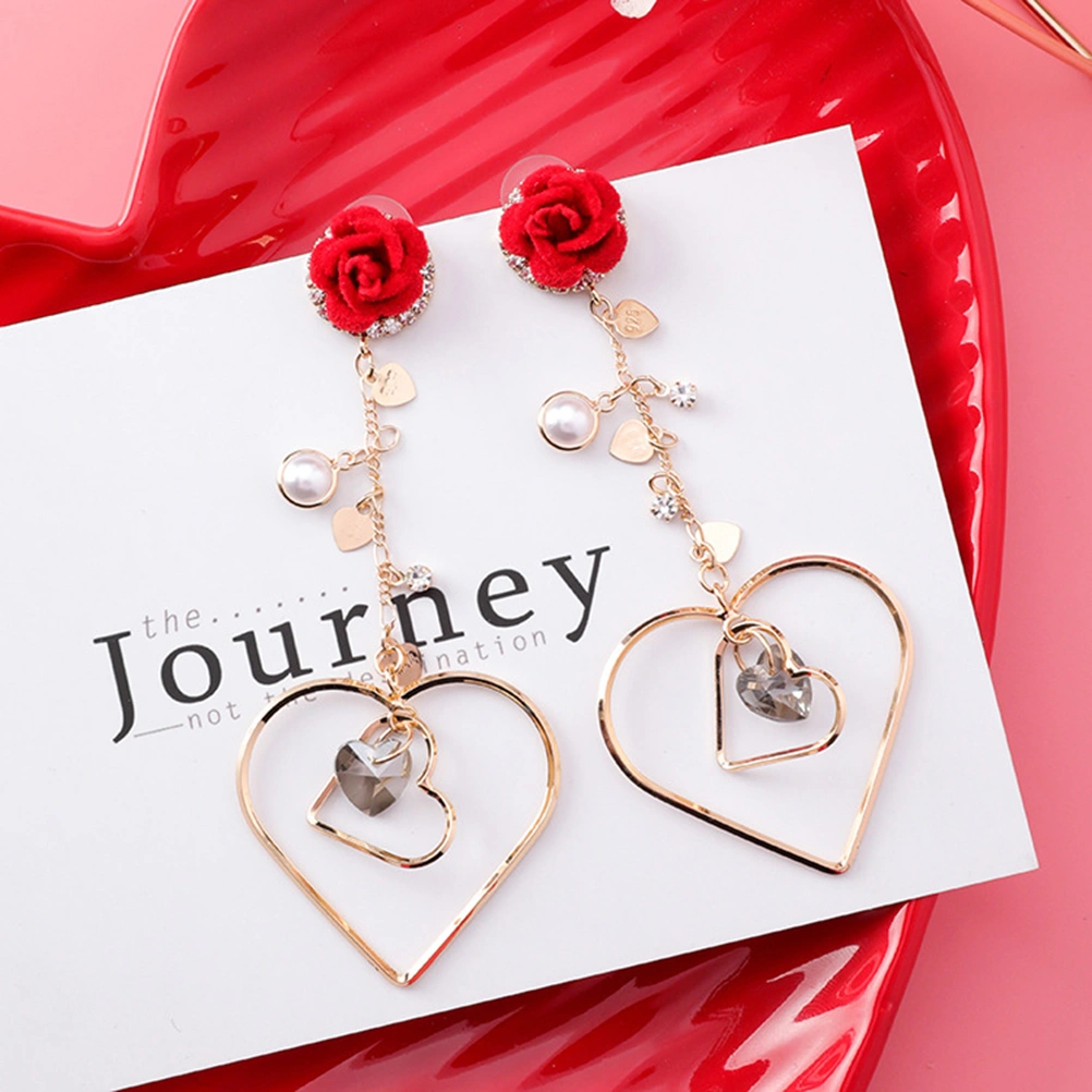 Fashion Rose Love Heart Long Drap Earrings wiith Imitation Pearl Tassel Crystal