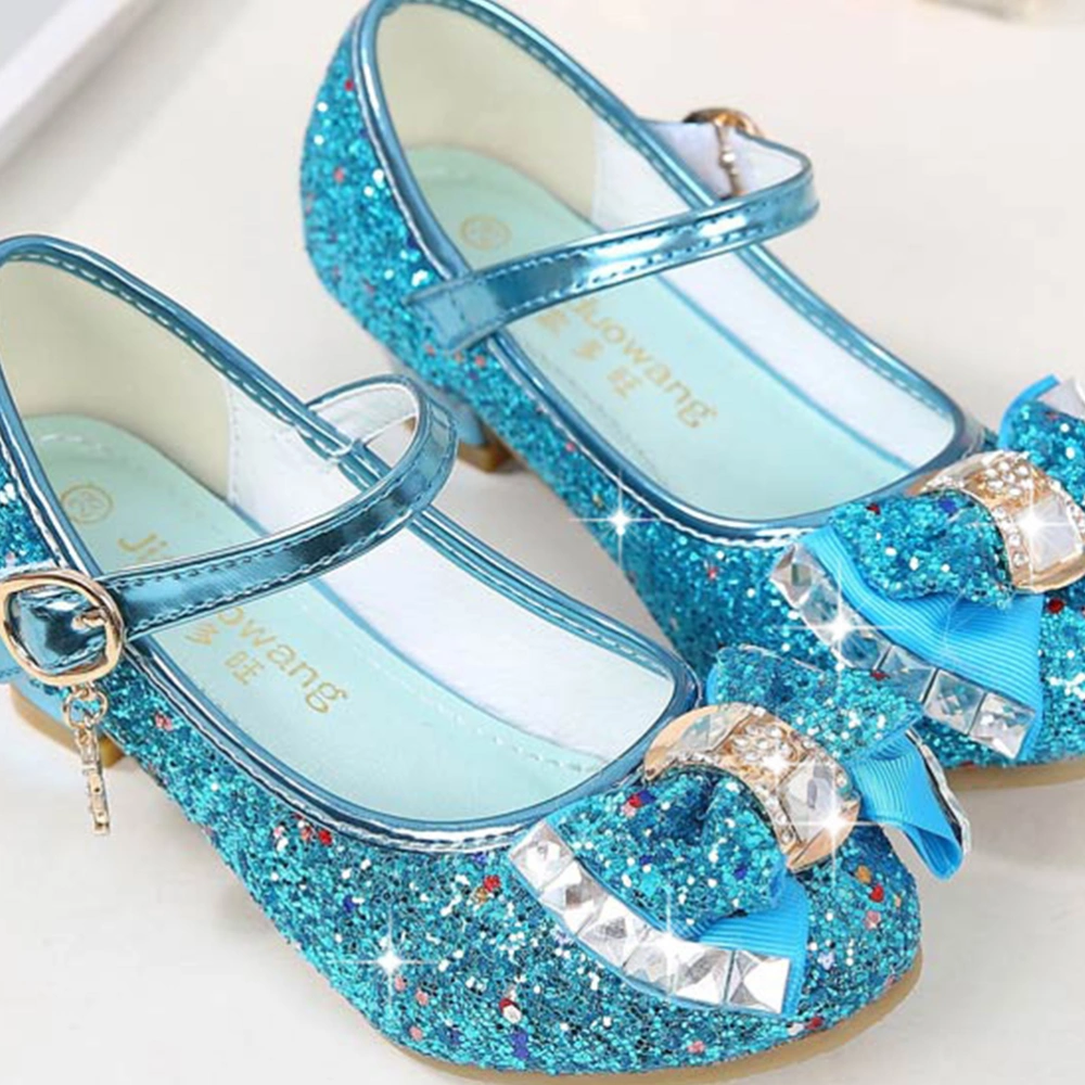 Children Dance Shoes Kitten Heels Girl Shoes Sequins Uppers Kid Dance Shoes Bowknot Shoes (Blue Size 30)