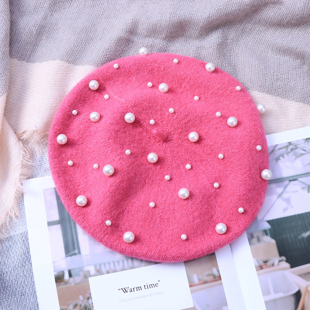 Women's Pearl Beret Autumn Winter Cashmere Luxury Heavy Work Beret Starry Beaded Pearl Rivet Wool Beret Free Size (Rosy)