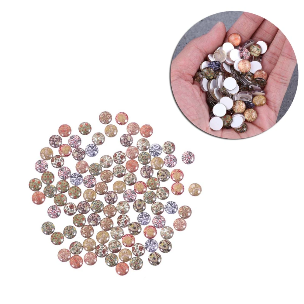 100 Pcs Mixed Mosaic Tiles 10mm Round Glass Mosaic Printed Glass Oval Gems for Jewelry DIY Crafts