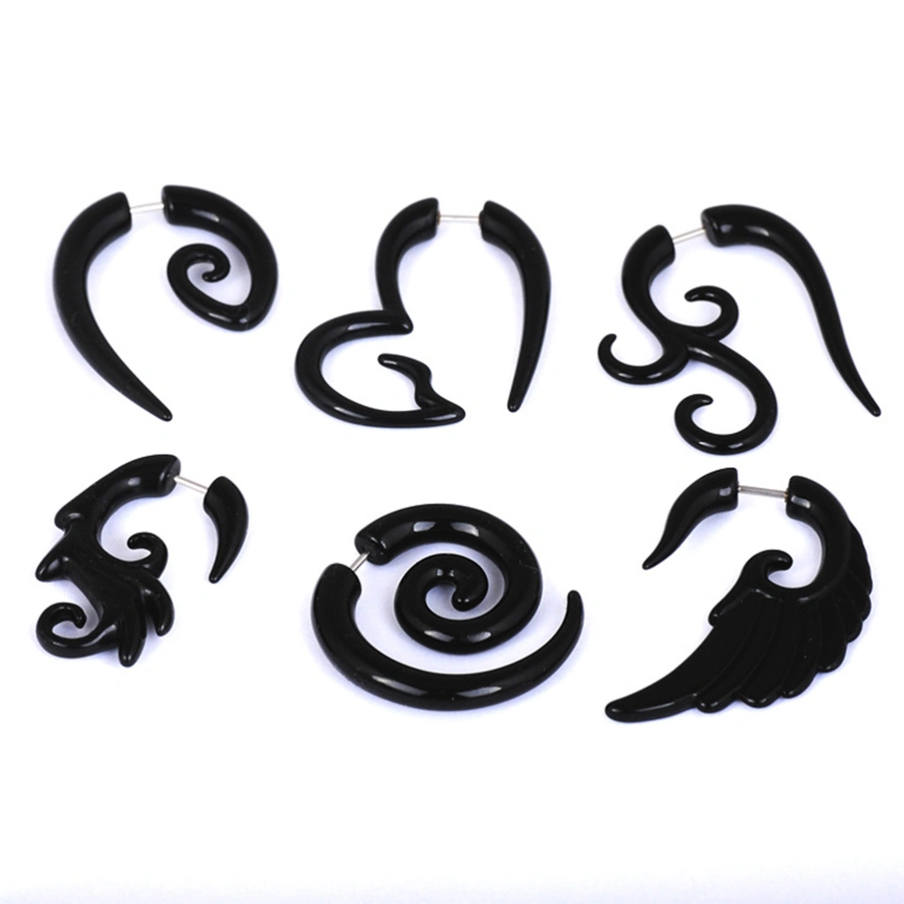 6pcs Black Acrylic Horn Spiral Stretcher Angel Wing Piercing Taper Fake Plug