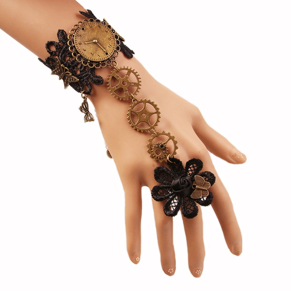 Elegant Womens Fashionable Lace Bracelet with Ring Gothic Retro Lace Steampunk Gear Bracelet Set