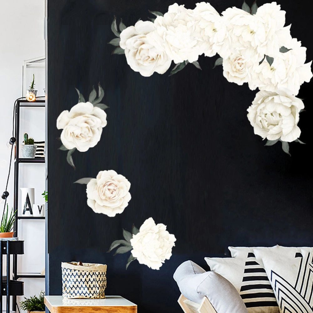 2PCS Creative DIY White Peony Mirror Wall Sticker PVC Flower Sticker Self-adhesive Background Wall Decal for Living Room Bedroom