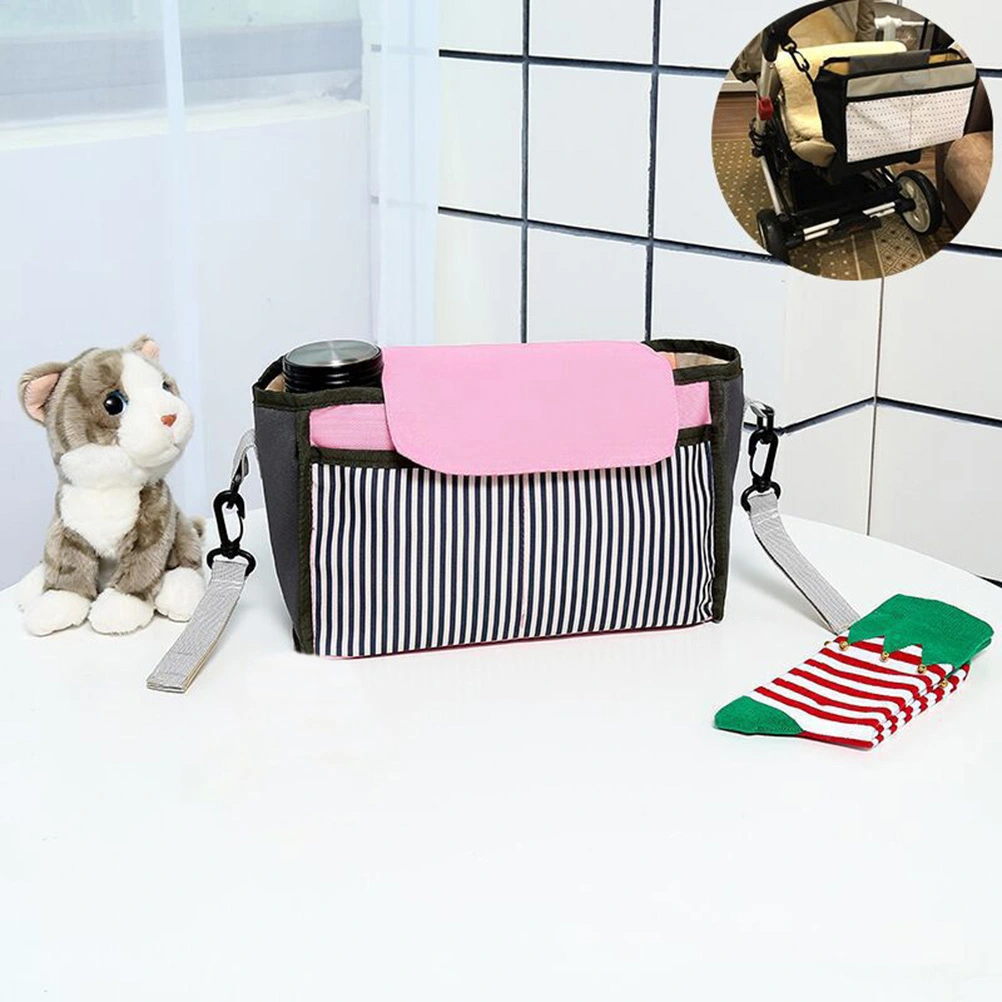 Large Capacity Baby Stroller Organizer Bag Waterproof Hanging Bag for Milk Bottles Diapers Toys Cup Holder Pocket (Black and Pink)