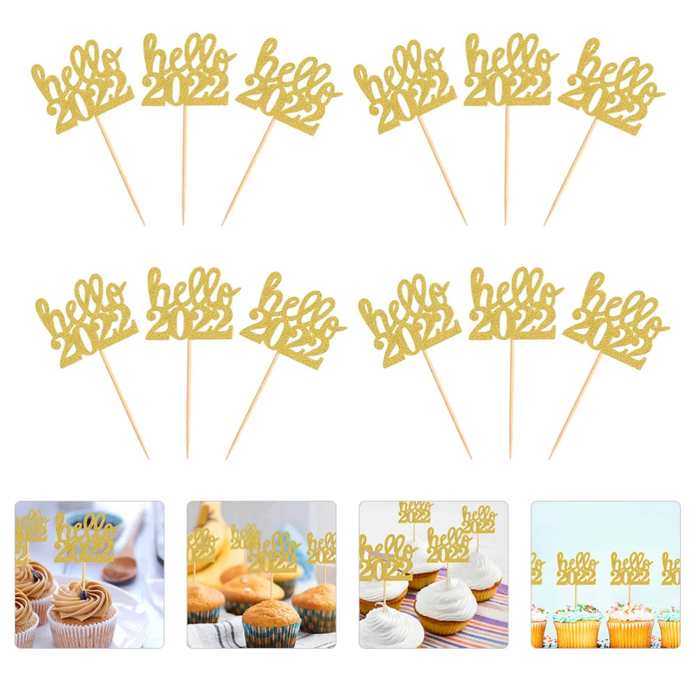 24Pcs New Year Party Cake Topper Simple Dessert Topper Decor Cake Insert Cards