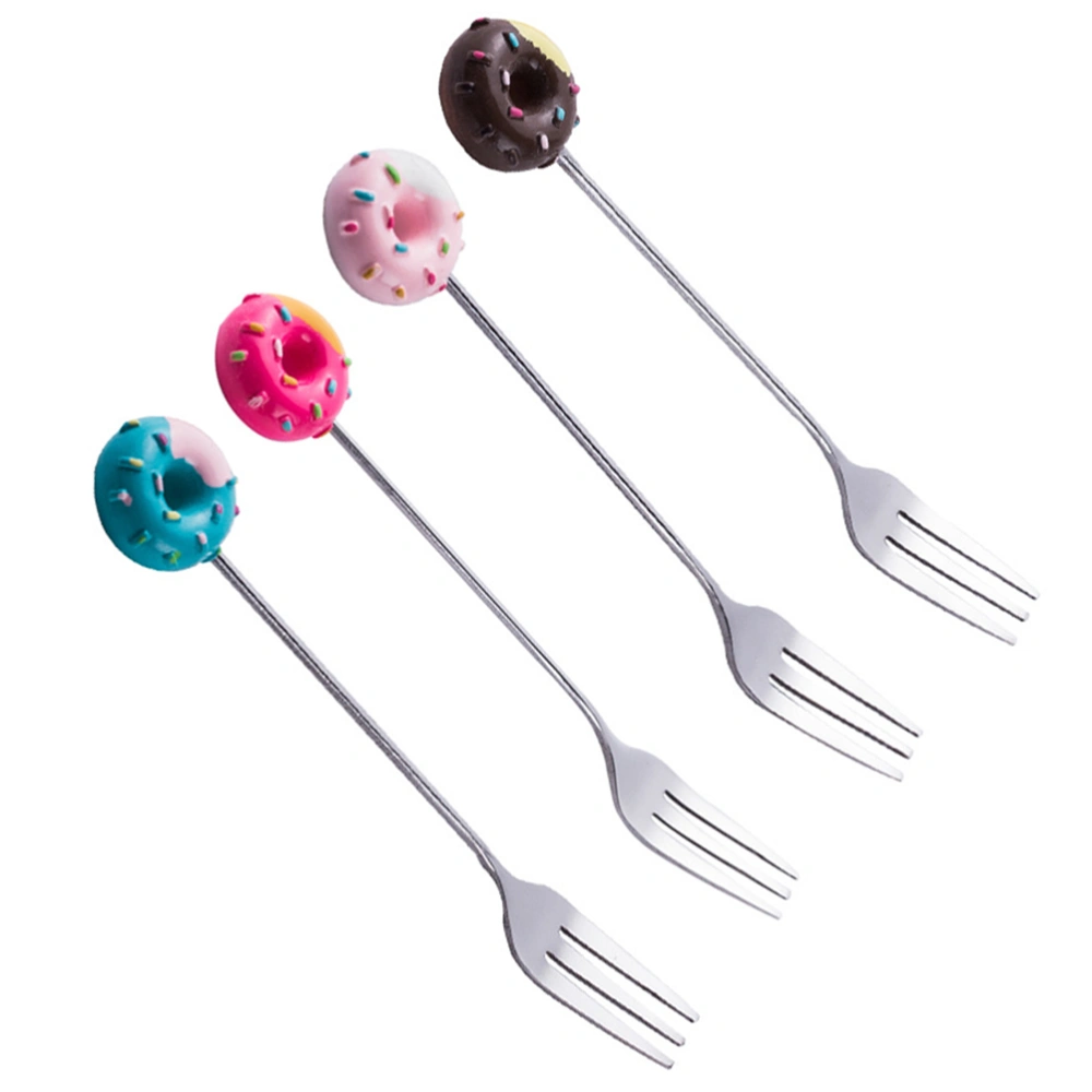 4pcs Stainless Steel Dessert Forks Cartoon Doughnut Fruit Ice Cream Forks Flatware Tableware (Pink, Brown, Blue, Red)