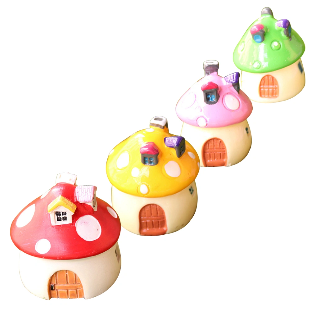 4pcs Mini Resin Mushroom Shape House Mushroom Micro-landscape Flower House Mushroom House Decorations Simulation Mushroom Room Red Yellow Pink Green