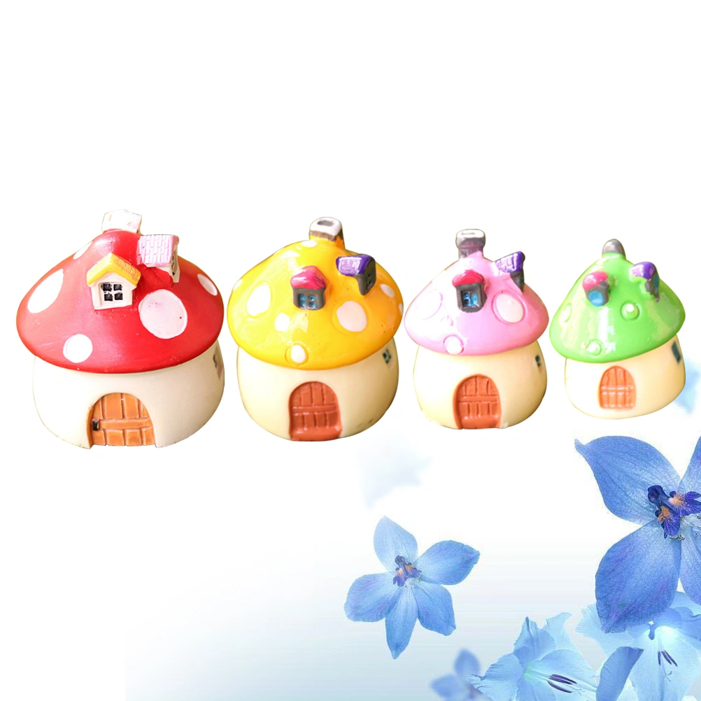 4pcs Mini Resin Mushroom Shape House Mushroom Micro-landscape Flower House Mushroom House Decorations Simulation Mushroom Room Red Yellow Pink Green