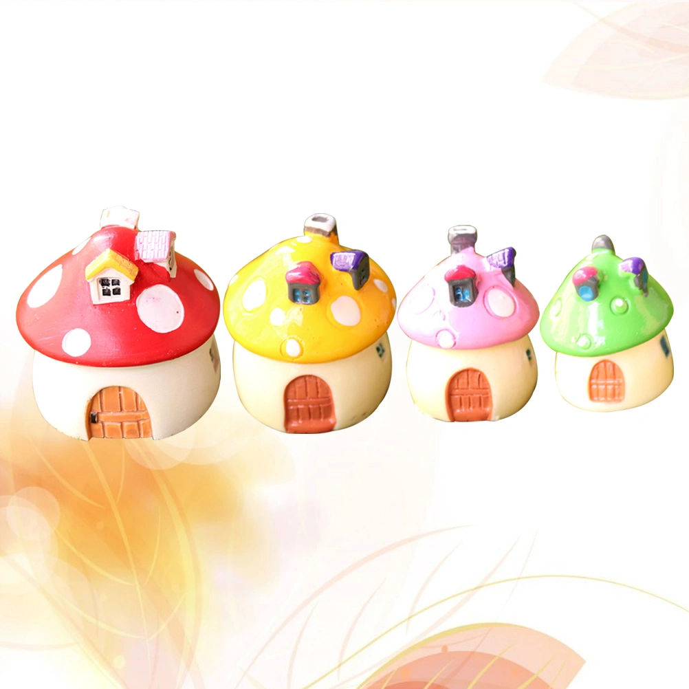 4pcs Mini Resin Mushroom Shape House Mushroom Micro-landscape Flower House Mushroom House Decorations Simulation Mushroom Room Red Yellow Pink Green