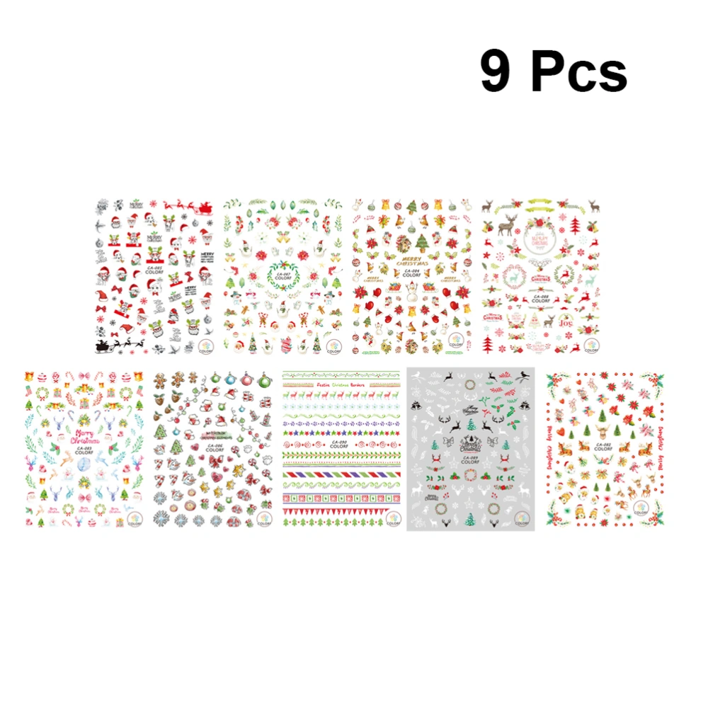 9 Sheets Xmas Nails Decals 3D Mixed Pattern Cartoon Nail Art Stickers for Christmas