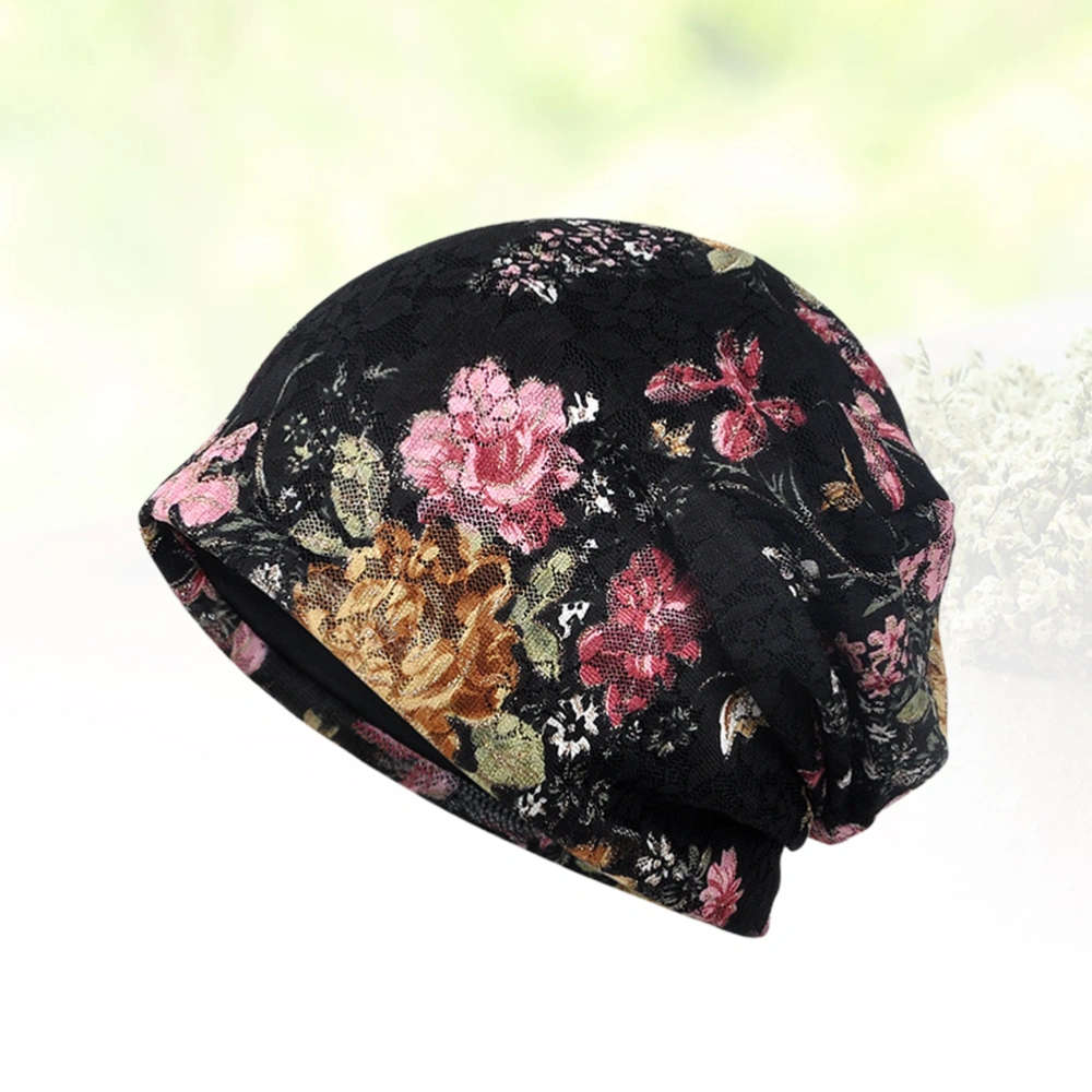 Women Head Wrap Stretch Lace Flower Decor Headwrap Chemotherapy Vintage Floral Printed Hat (Black)