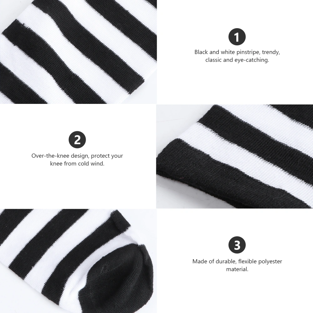 Pair of Women's Black and White Pinstriped Thigh High Over the Knee Stocking Socks (Black & White)