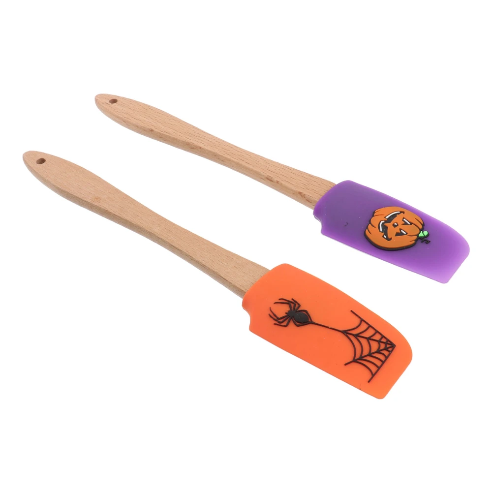 2pcs Halloween Wooden Handle Silicone Scraper Cream Spatula Baking Gadget Baking Supplies Kitchen Utensil for Home Bakery (Pumpkin + Spider Pattern)