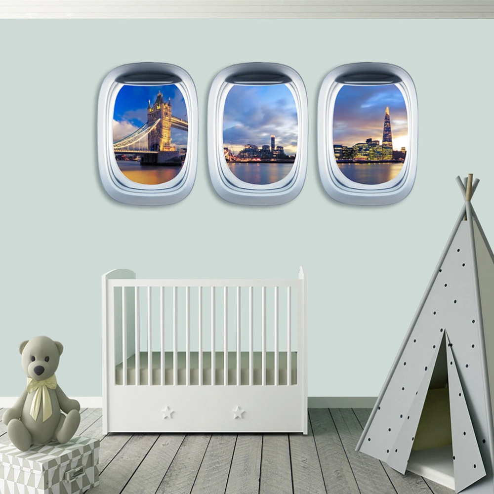 1PC EW038 Three-dimensional Combination Porthole Landmark Building Night View Landscape Window Wall Stickers Children's Room Self-adhesive Removable Window Stickers