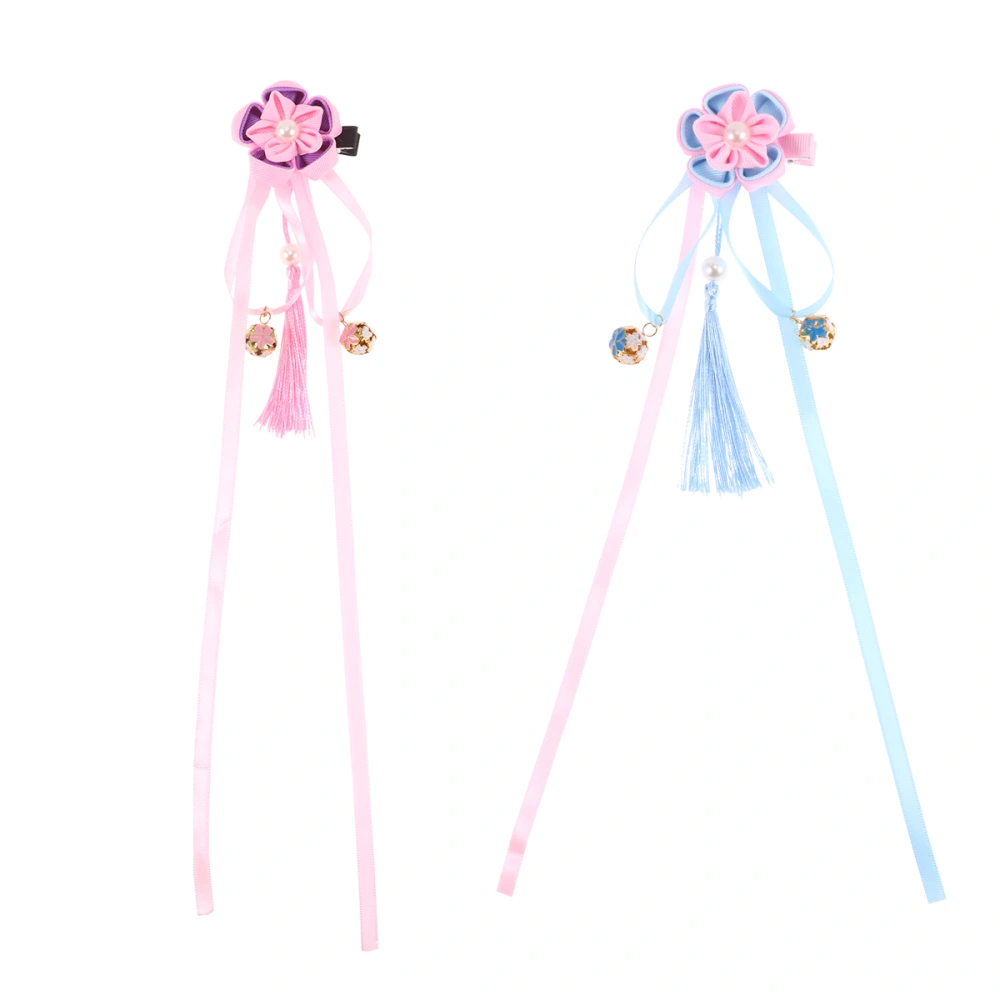 2pcs Chinese Style Tassel Hairpins Festival Hair Clip Bell Ribbon Hair Ornament Photo Props Barrettes Hair Accessories for Kids Girls(Purple and Blue, 1pc for Each Color)