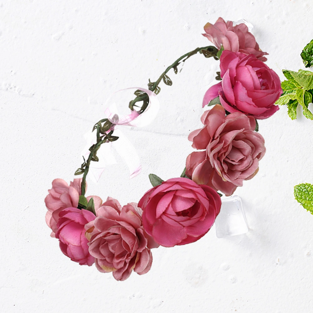 Bridal Rose Crown Handmade Floral Wreath Lifelike Simulaiton Headband for Wedding (Rosy)