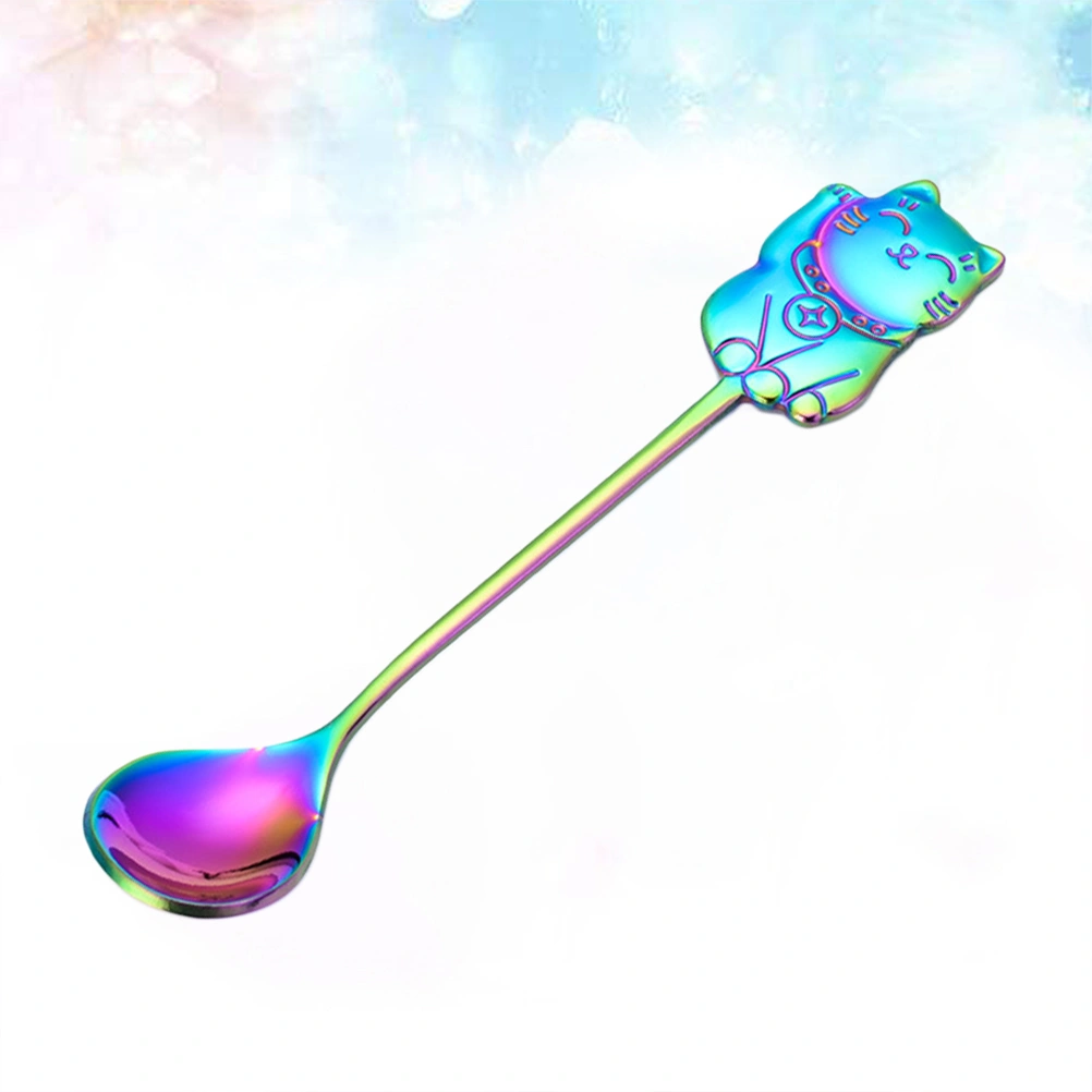 304 Stainless Steel Luck Cat Coffee Stirring Spoon Cartoon Dessert Spoon for Eating Dinner Kitchen (Colorful)