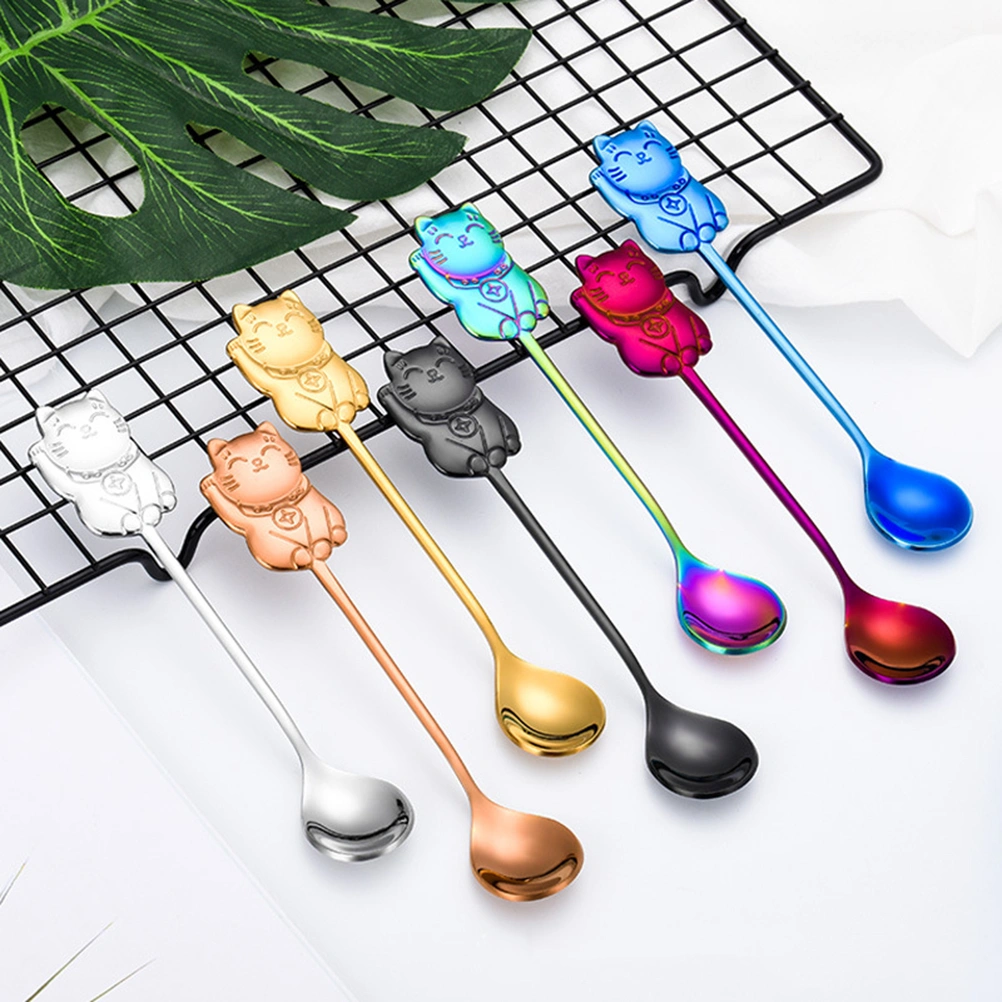 304 Stainless Steel Luck Cat Coffee Stirring Spoon Cartoon Dessert Spoon for Eating Dinner Kitchen (Colorful)