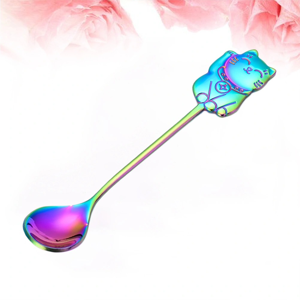 304 Stainless Steel Luck Cat Coffee Stirring Spoon Cartoon Dessert Spoon for Eating Dinner Kitchen (Colorful)