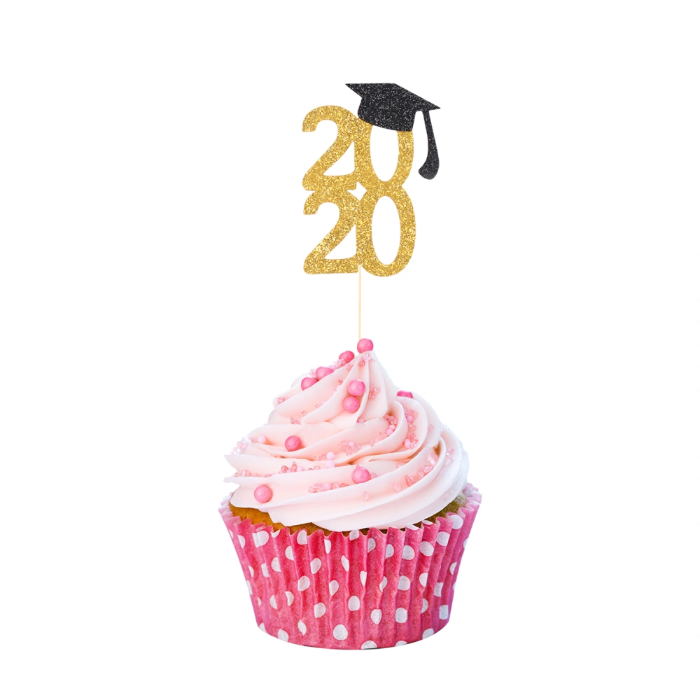 30pcs 2020 Graduation Hat Design Cake Toppers Glitter Paper Cake Picks Cake Decoration Cupcake Picks Graduation Party Dessert Favor(5pcs in 1 Pack, 6 Packs)