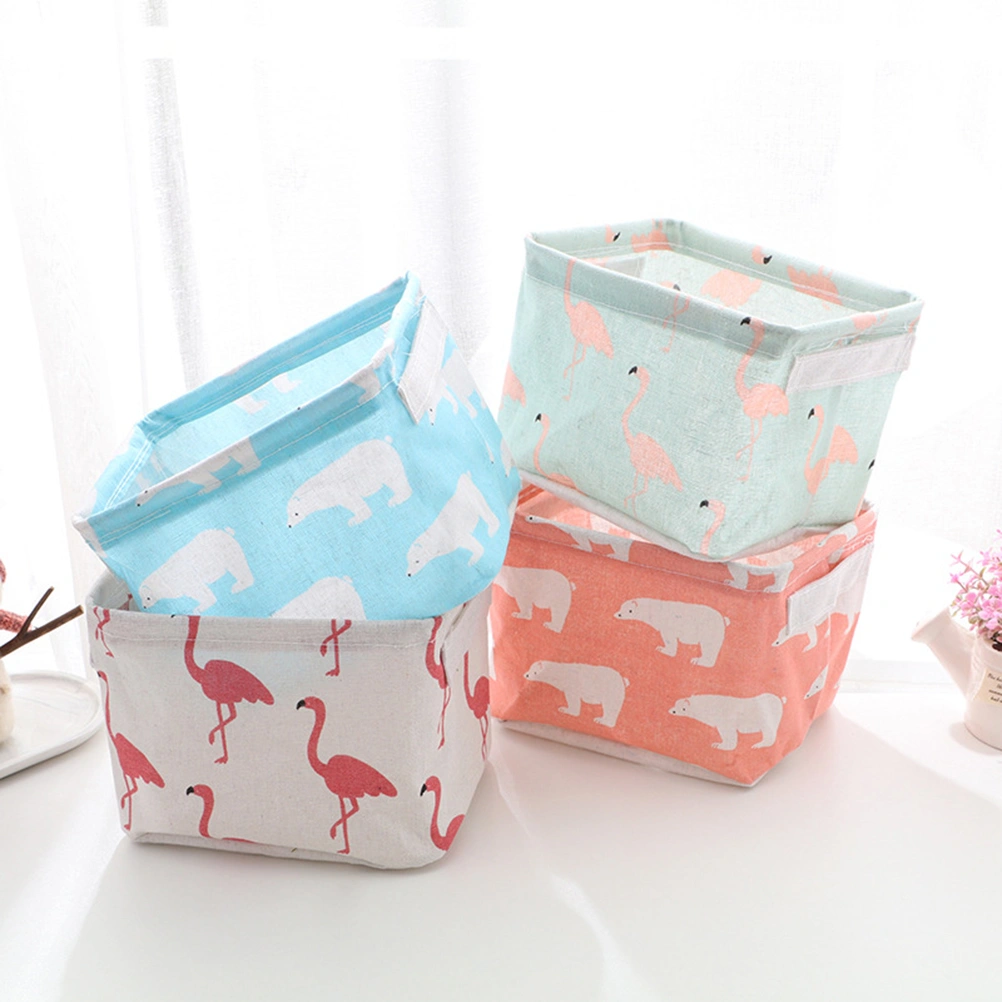 Storage Basket Foldable Fabric Bins Desktop Organizer Case with Handle (Flamingo)