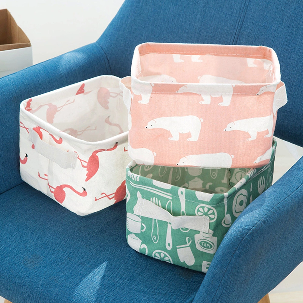 Storage Basket Foldable Fabric Bins Desktop Organizer Case with Handle (Flamingo)