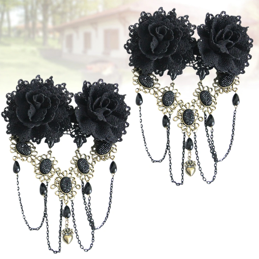 2PCS Black Tassel Flower Hair Clips Handmade Resin Rhinetone Gothic Barrettes Hair Lace Chain Headdress Hair Accessories for Women Decoration